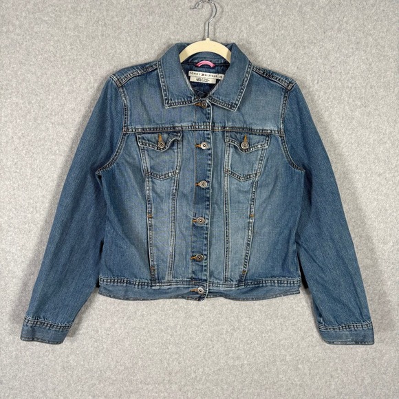 Tommy Hilfiger Jean Jacket Large Cotton Distressed Faded Rodeo Trucker 90s Y2K - Picture 1 of 11